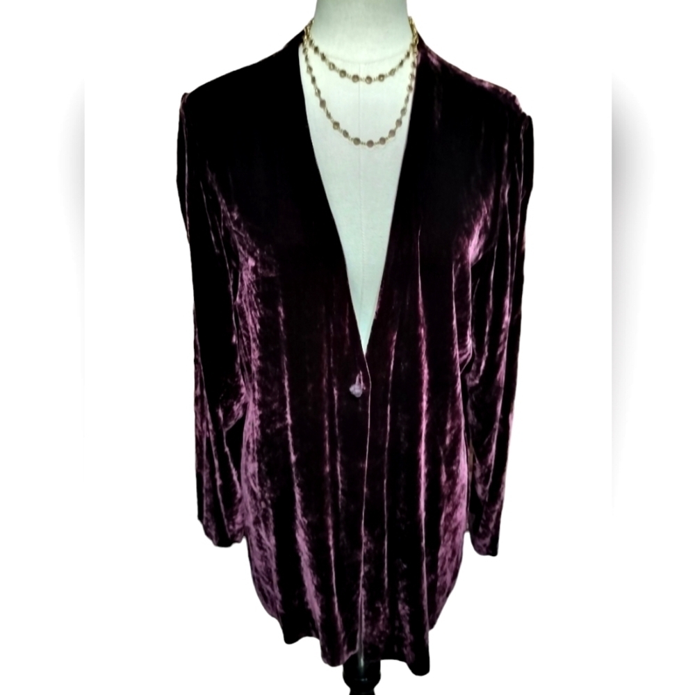 2242)Eileen Fisher Deep Burgundy Single Button Silk Blend Velvet Cardigan Size L - Picture 1 of 8